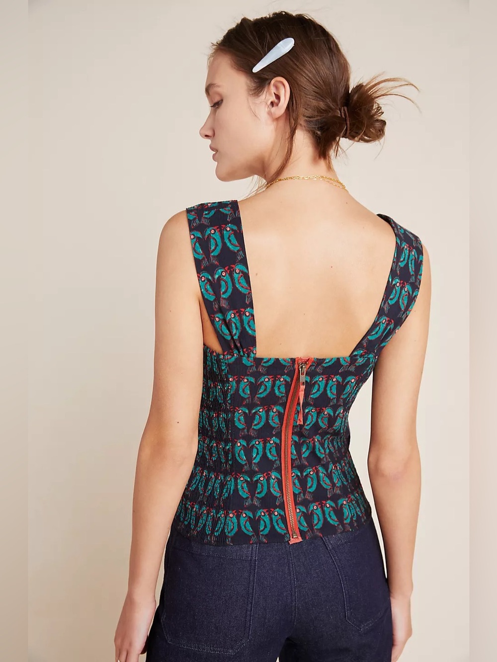 Anthropologie Maeve Blue & Green Cotton Ruched Toulouse Parrot Print Top‎ Sz. 8 - Picture 2 of 11